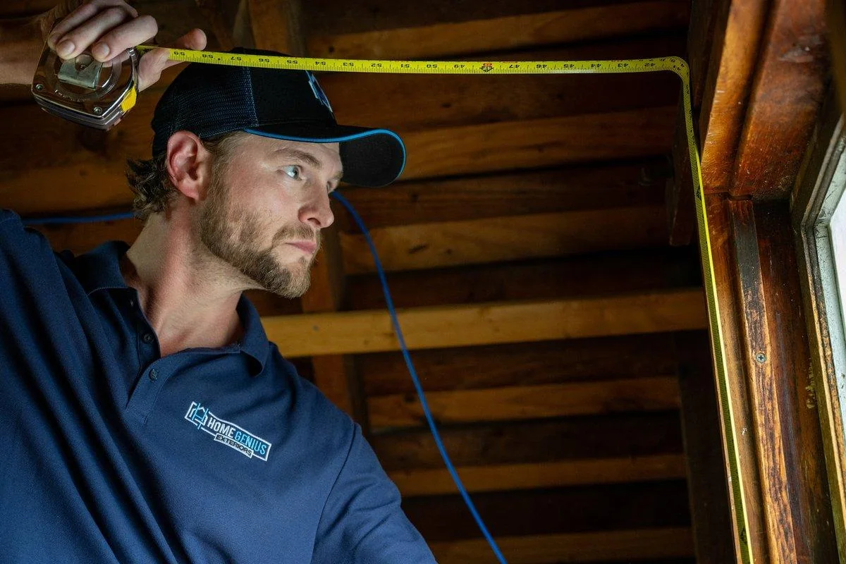 An inspector measures rafter spacing in the attic during an inspection before removal work starts.
