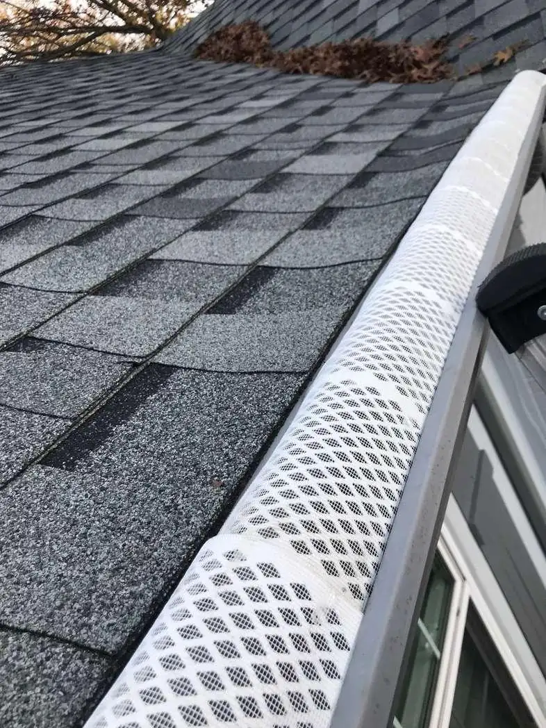 A diamond-mesh gutter guard covers a white gutter beneath a gray shingle roof.
