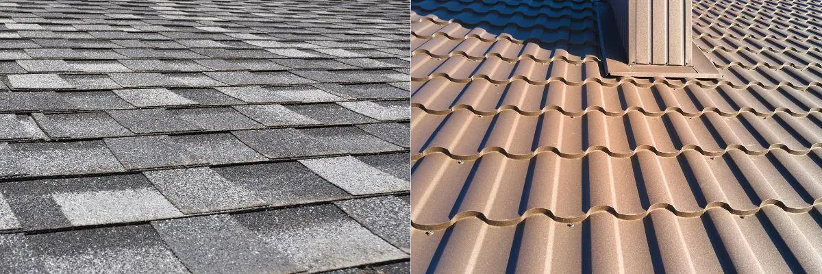 A close-up compares the texture of ridged metal roofing panels with layered asphalt shingles side by side.