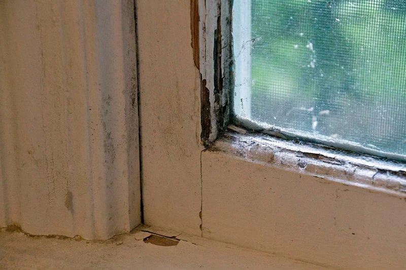 An old wood window frame shows peeling paint, mold and failed caulk where the seal has broken down.