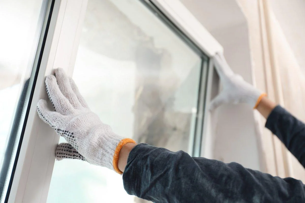 Gloved hands guide a glass pane into its sash, the sealed glass unit that does a window's insulating work.