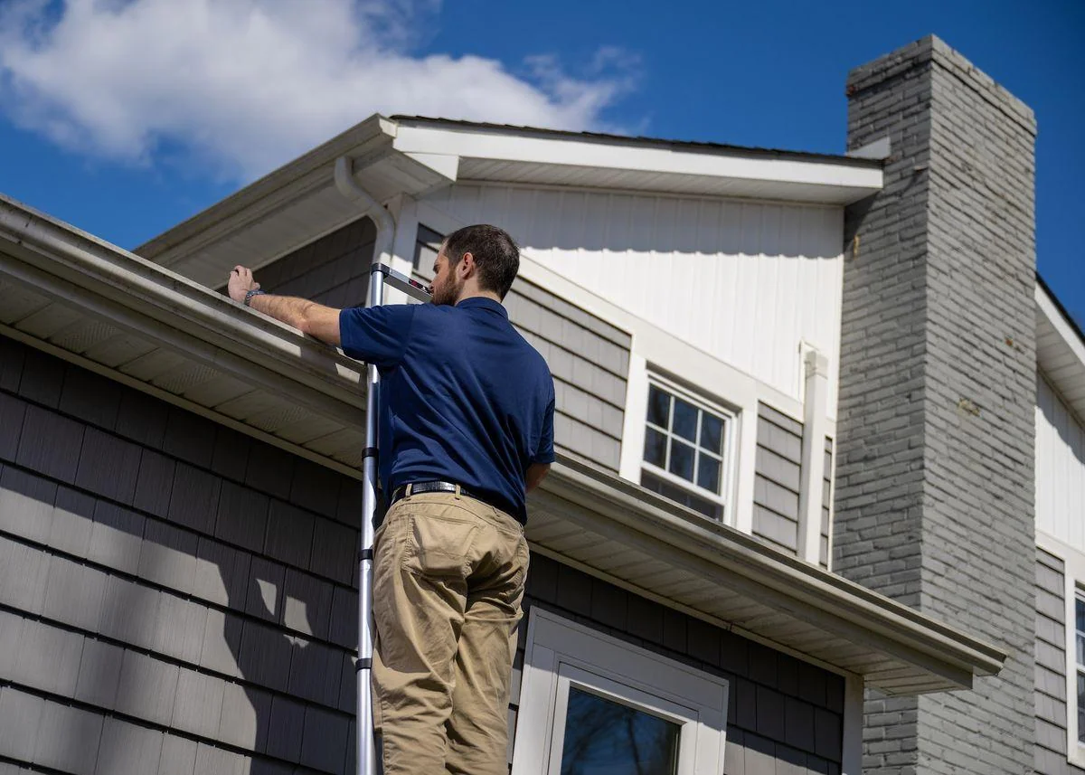 An inspector climbs toward a chimney and gutter line on a clear day, the kind of routine seasonal check a roof needs.