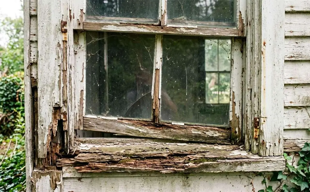 An old double-hung wood window shows peeling paint and a rotted sill after decades of weather.