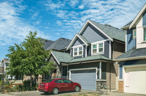 Residential Home Blue Vinyl Siding Green Shingle Roof