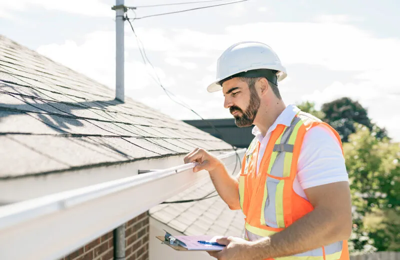Home Genius Remodeling Expert inspects gutters and the drip edge of a failing roof.