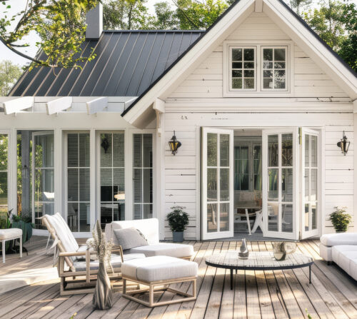 Patio with exteriors doors and custom windows on a residential home