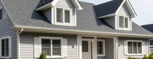 Residential home with grey roofing and siding