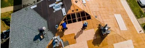 aerial drone shot of roof installation