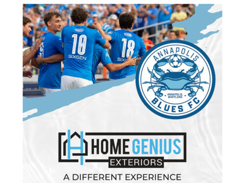 Annapolis Blues FC team members on a social graphic with their logo beside the HGE logo