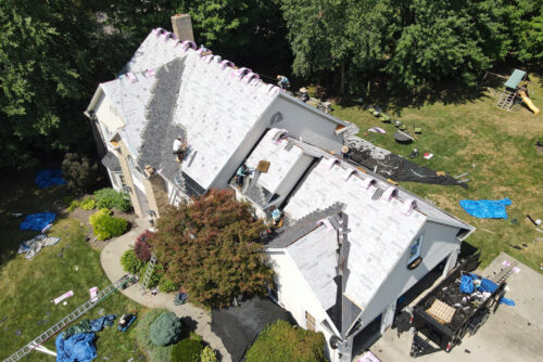 aerial shot of an in-progress roof installation project