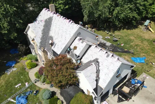 aerial shot of an in-progress roof installation project