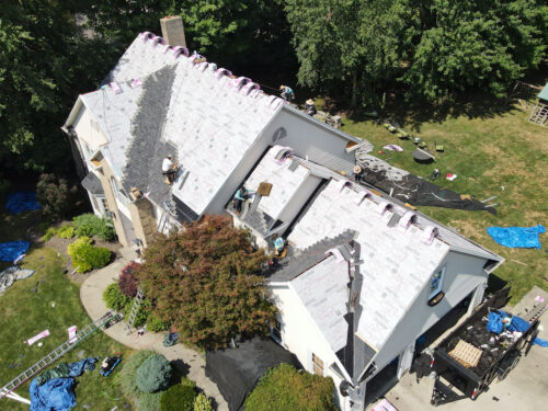 aerial shot of an in-progress roof installation project