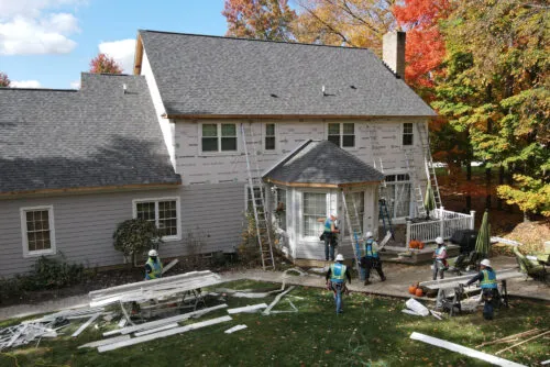 Far off shot of an in-progress siding installation job