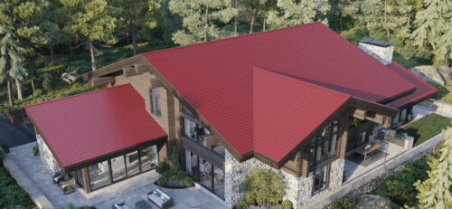 aerial shot of a home with a red timbersteel metal roof