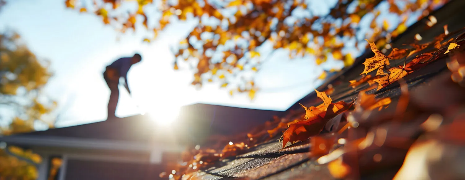 roofer on a home during fall with leaves falling