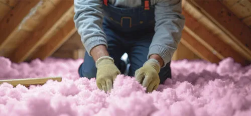 Technician checking pink blow-in attic insulation