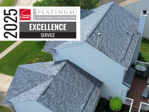Aerial shot of a roof replacement project showing the Home Genius 2025 award for Owens Corning Excellence in Service