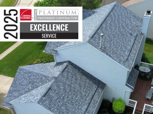 Aerial shot of a roof replacement project showing the Home Genius 2025 award for Owens Corning Excellence in Service