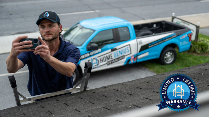 HGE expert performing a roof inspection with the HGE warranty coverage badge