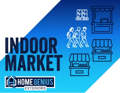 Indoor market logo showcasing various home goods and decor items for sale, with vendors and shoppers interacting.