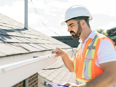 Roof inspector in a hard hat and safety vest checking the shingles and gutter edge of an asphalt roof during a paid roof inspection