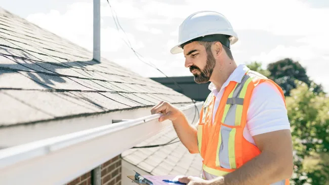 Roof inspector in a hard hat and safety vest checking the shingles and gutter edge of an asphalt roof during a paid roof inspection