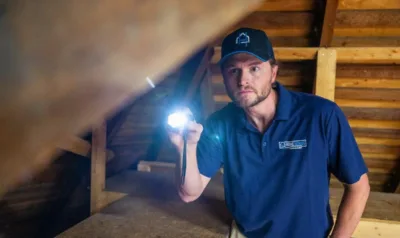 An HGE inspector holds a flashlight in the attic rafters before any attic insulation removal work begins.