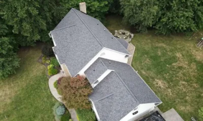 A drone roof inspection captures the entire shingle roof and layout in one aerial pass.