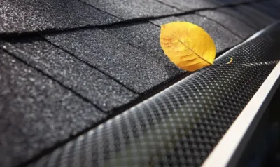 A single fall leaf rests on black micro-mesh gutter guard screen along a shingle roofline.