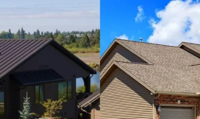 A side-by-side photo compares a dark metal roof and a brown asphalt shingle roof, the two options in metal roofing vs asphalt shingles.