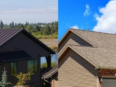 A side-by-side photo compares a dark metal roof and a brown asphalt shingle roof, the two options in metal roofing vs asphalt shingles.