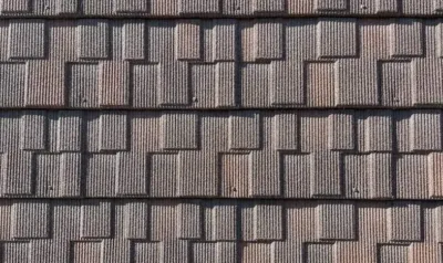 Close-up of textured composite roofing shingles laid in staggered courses with uneven, dimensional edges.