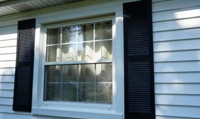 A double-hung window framed by black shutters sits on light gray siding, a style sold in both vinyl and fiberglass.